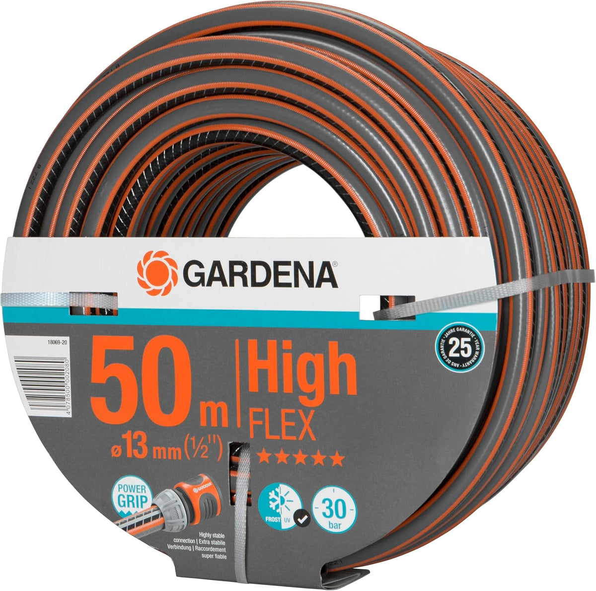 Gardena Comfort HighFLEX Schlauch 13 mm (1/2 Zoll), 50 m: Gartenschlauch mit Power-Grip-Profil, 30 bar Berstdruck, formstabil, UV-beständig, verpackt (18069-20), Grau/Orange