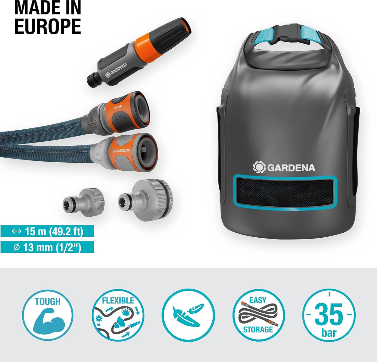 Gardena Liano Xtreme 1/2 Zoll, 15m Set + Tasche: Extrem robuster Gartenschlauch aus Textilgewebe mit Tasche, mit PVC-Innenschlauch, leichtgewichtig, wetterbeständig (18468-20)