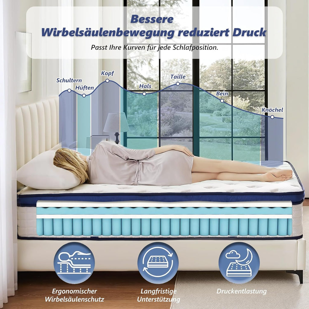 L'AGRATY Matratze 140x200cm Federkernmatratze (25cm Höhe) 7-Zonen Orthopädische Taschenfederkernmatratze mit Comfort Memory-Schaum Schicht,Mittlerer Härtegrad (H4), Rückenentlastende