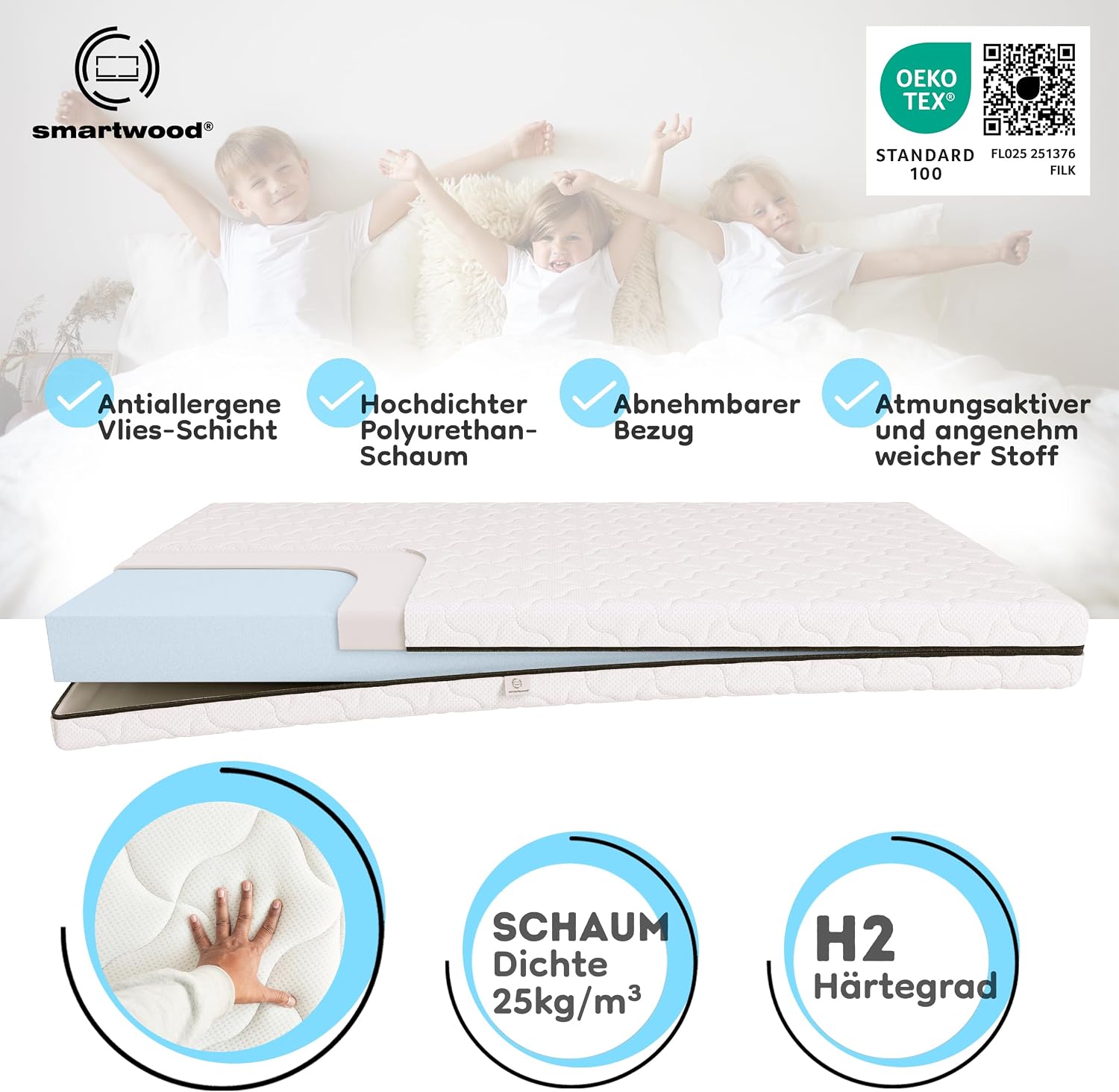 smartwood Matratze 80x150 9 cm, H2, Schaumstoffmatratze, SmartComfort