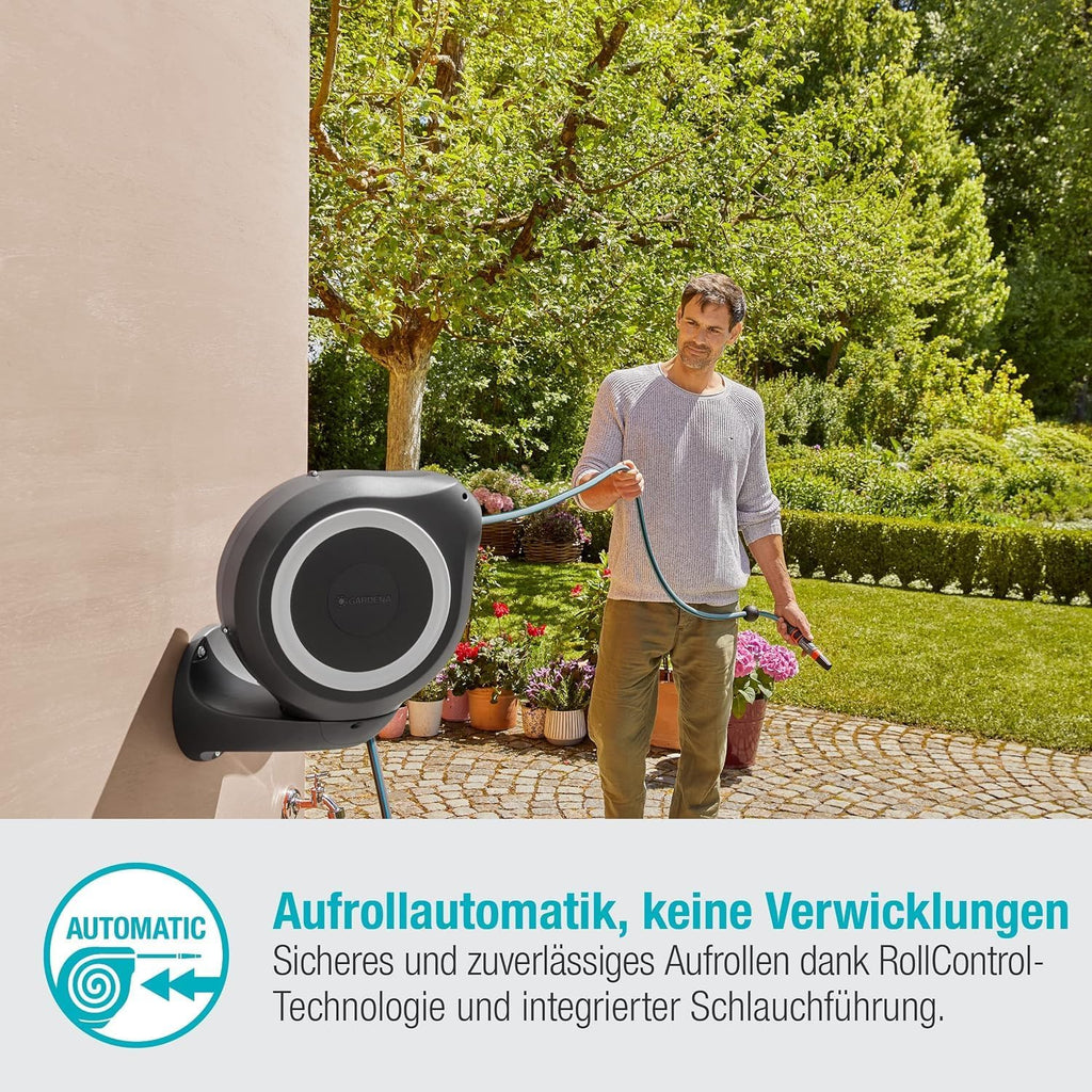 Gardena Wand-Schlauchbox RollUp M 20 m: Flexible Bewässerung für mittelgroße Gärten, schwenkbare Schlauchtrommel, mit Wandhalterung, Systemteilen und Spritze inkl. 20 m Gardena Schlauch (18612-20)