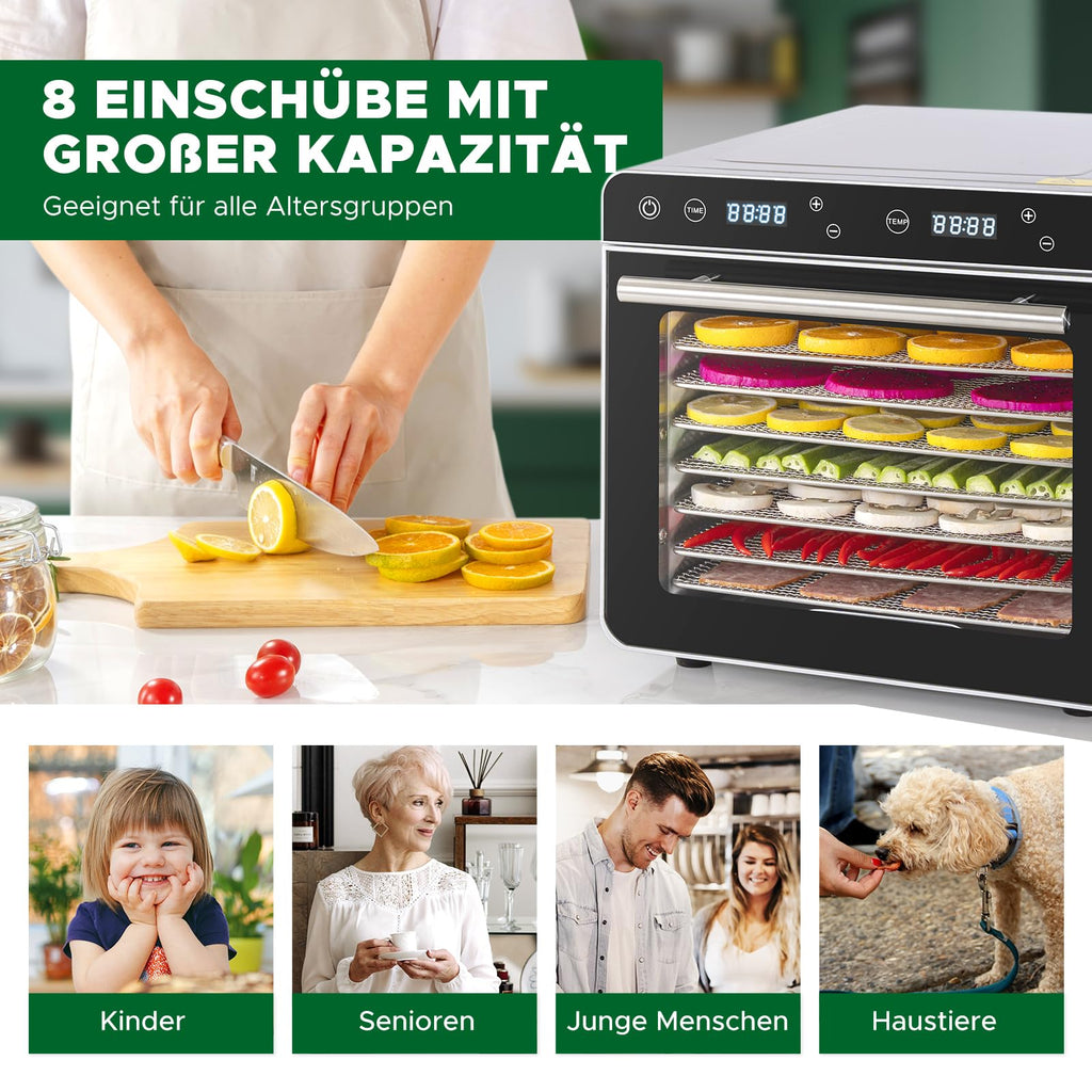 Kwasyo Dörrautomat Edelstahl Trockenkapazität 3,8 kg Rindfleisch, 0,67 m² Trockenfläche, 8 Edelstahl-Dörrtabletts (28x30 cm), 35-85°C Dörrgerät für Hundeleckerlis, Kräuter, Fleisch, Obst, Joghurto