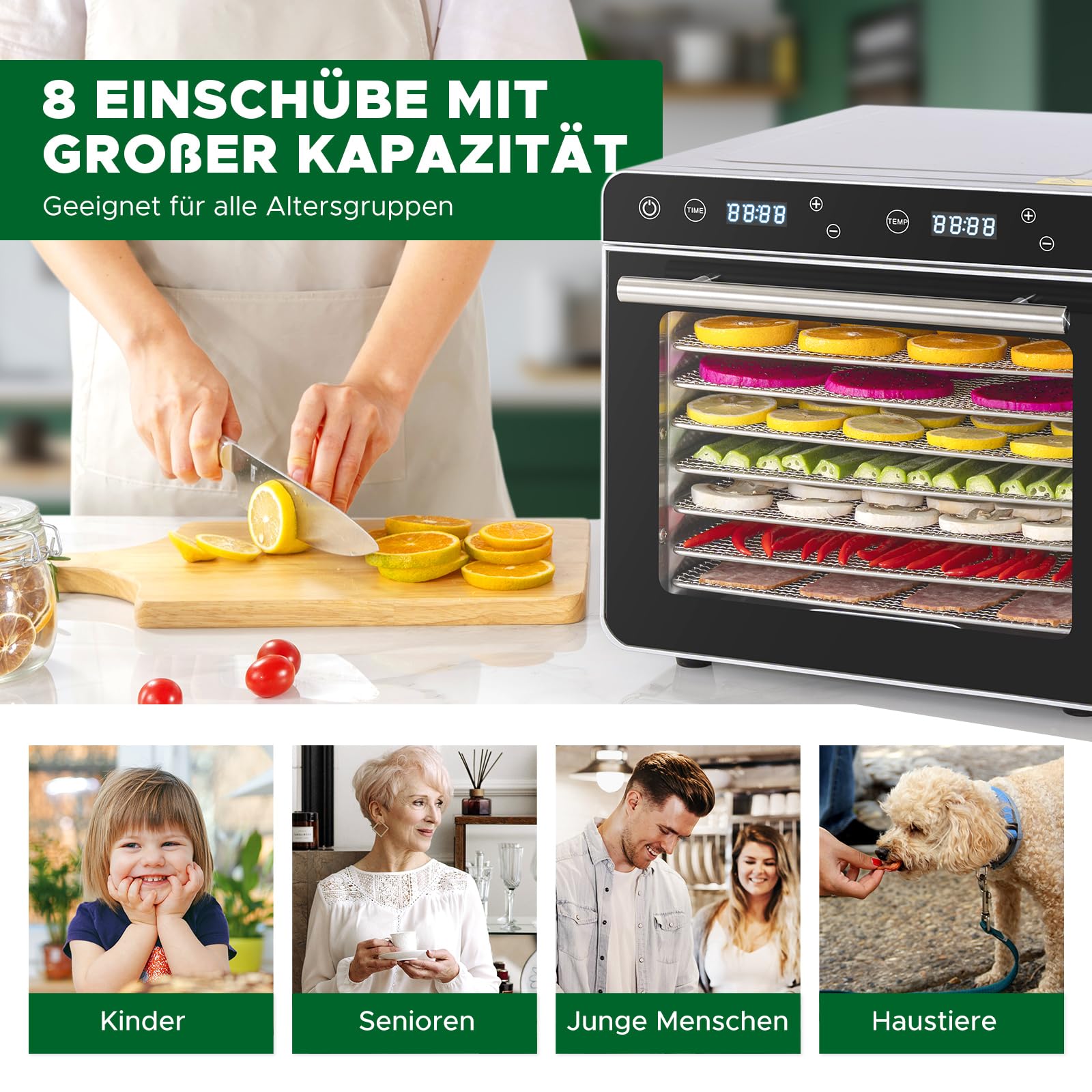 Kwasyo Dörrautomat Edelstahl Trockenkapazität 3,8 kg Rindfleisch, 0,67 m² Trockenfläche, 8 Edelstahl-Dörrtabletts (28x30 cm), 35-85°C Dörrgerät für Hundeleckerlis, Kräuter, Fleisch, Obst, Joghurto