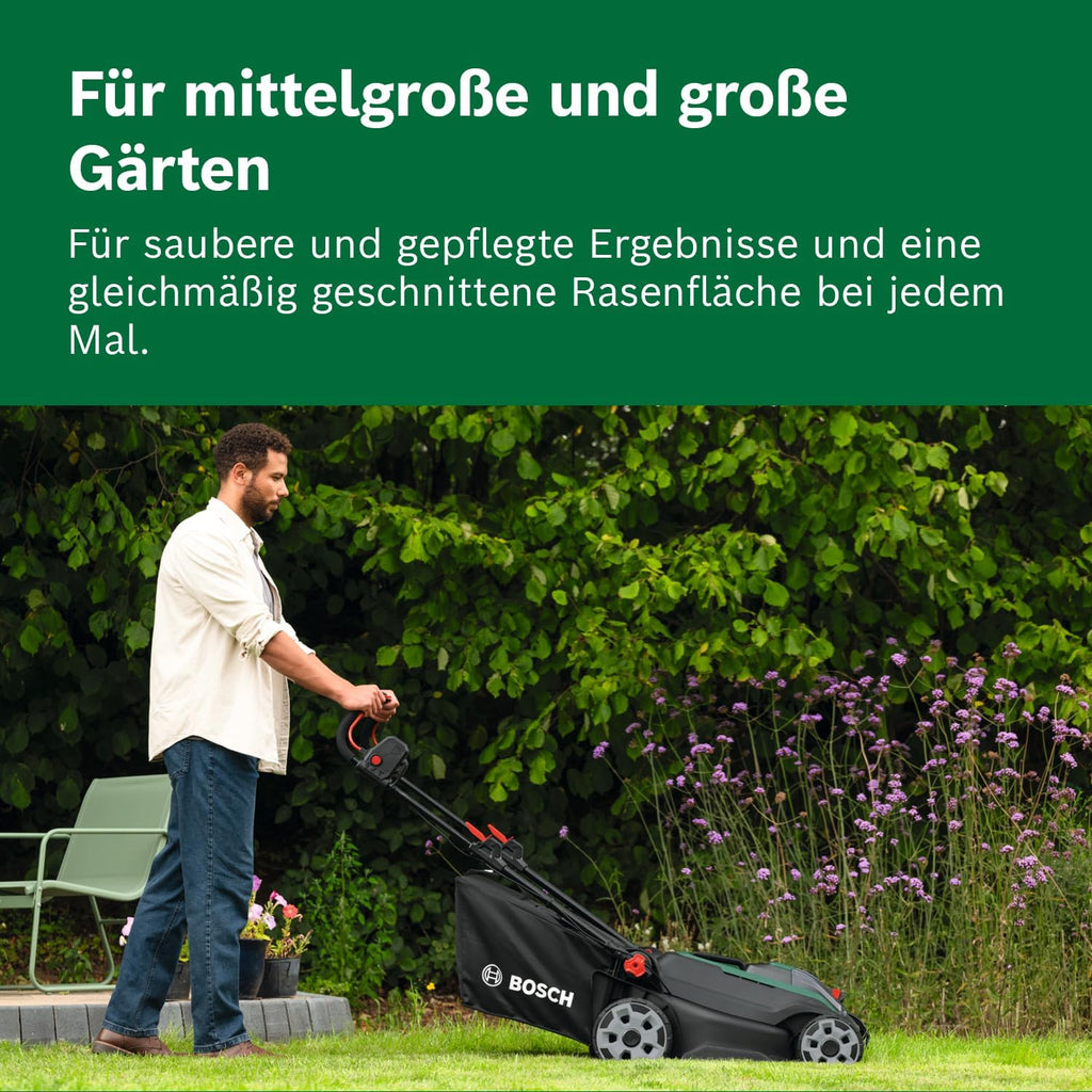 Bosch Akku-Rasenmäher ROTAK18V2-43 (Schnittbreite: 43 cm, Schnitthöhe: 30-75 mm, 50 l Stoff-Grasfangkorb, Mulchstopfen, ohne Akku)
