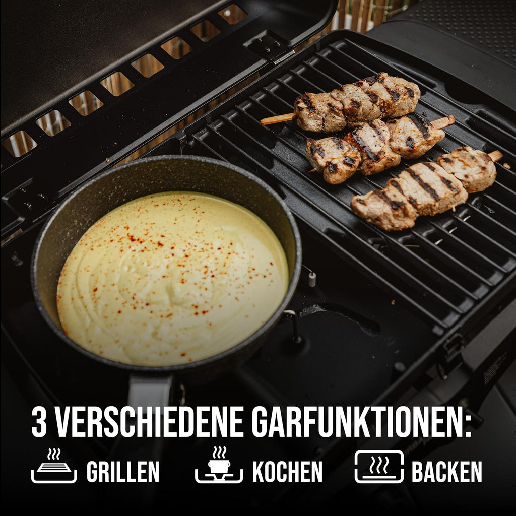 Enders Gasgrill Urban II, Tischgrill, Grillen-, Kochen- und Backen Funktion, 2 Brenner Edelstahl, mit Grill-Thermometer, Balkon-, Camping-Grill, Aluguss-Gehäuse, Gusseisen-Rost #2070
