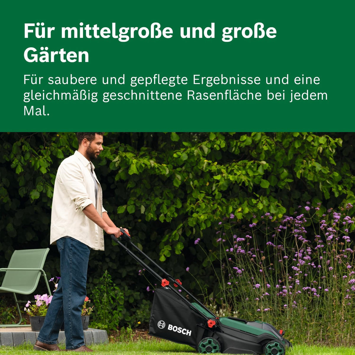 Bosch Akku-Rasenmäher ROTAK18V2-38 (Schnittbreite: 38 cm, Schnitthöhe: 30-75 mm, 40 l Stoff-Grasfangkorb, Mulchstopfen, ohne Akku)