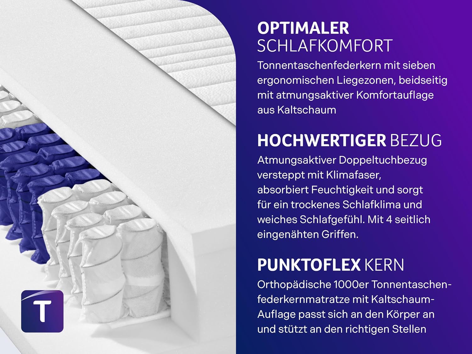 Traumnacht Exklusiv 7-Zonen 1.000er Tonnentaschenfederkernmatratze, Stiftung Warentest Testurteil Gut - Ausgabe 10/2023, 23 cm Premiumhöhe, Öko-Tex zertifiziert, Härtegrad 3 (H3), 90 x 200 cm