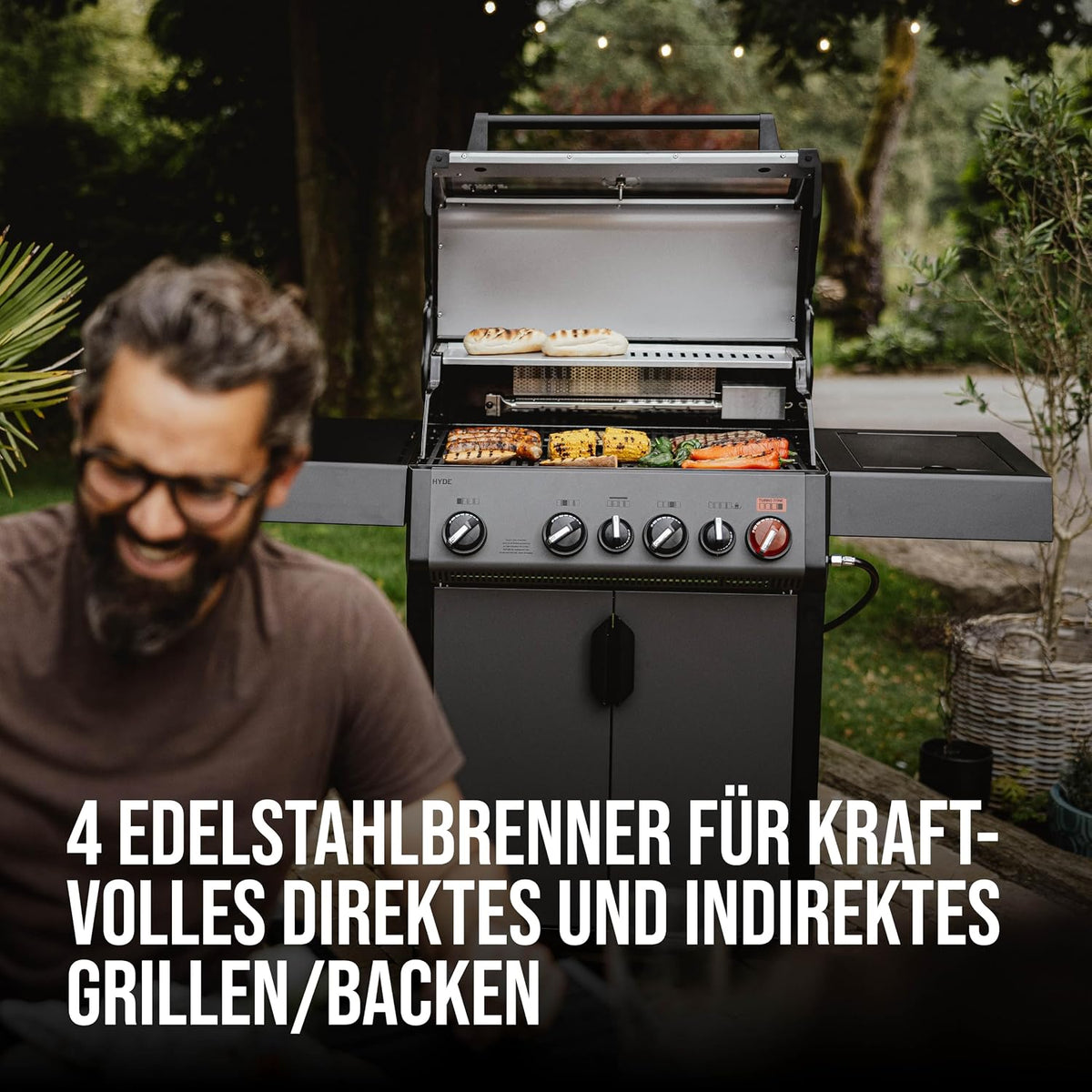Enders® Gasgrill HYDE 4 SIKR Turbo, 4 Brenner aus Edelstahl für kraftvolles direktes und indirektes Grillen, 800 °C TURBO ZONE™, SWITCH GRID™, Infarot-Backburner und Seitenkocher, #8041