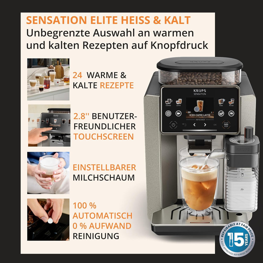 KRUPS Sensation Elite Kaffeevollautomat, 24 Heiß- und Kaltgetränke 2,8-Zoll-Bildschirm, Milk Maestro Technologie, Cold Brew Aroma Technologie, individualisierbare Favoriten, EA917EE0