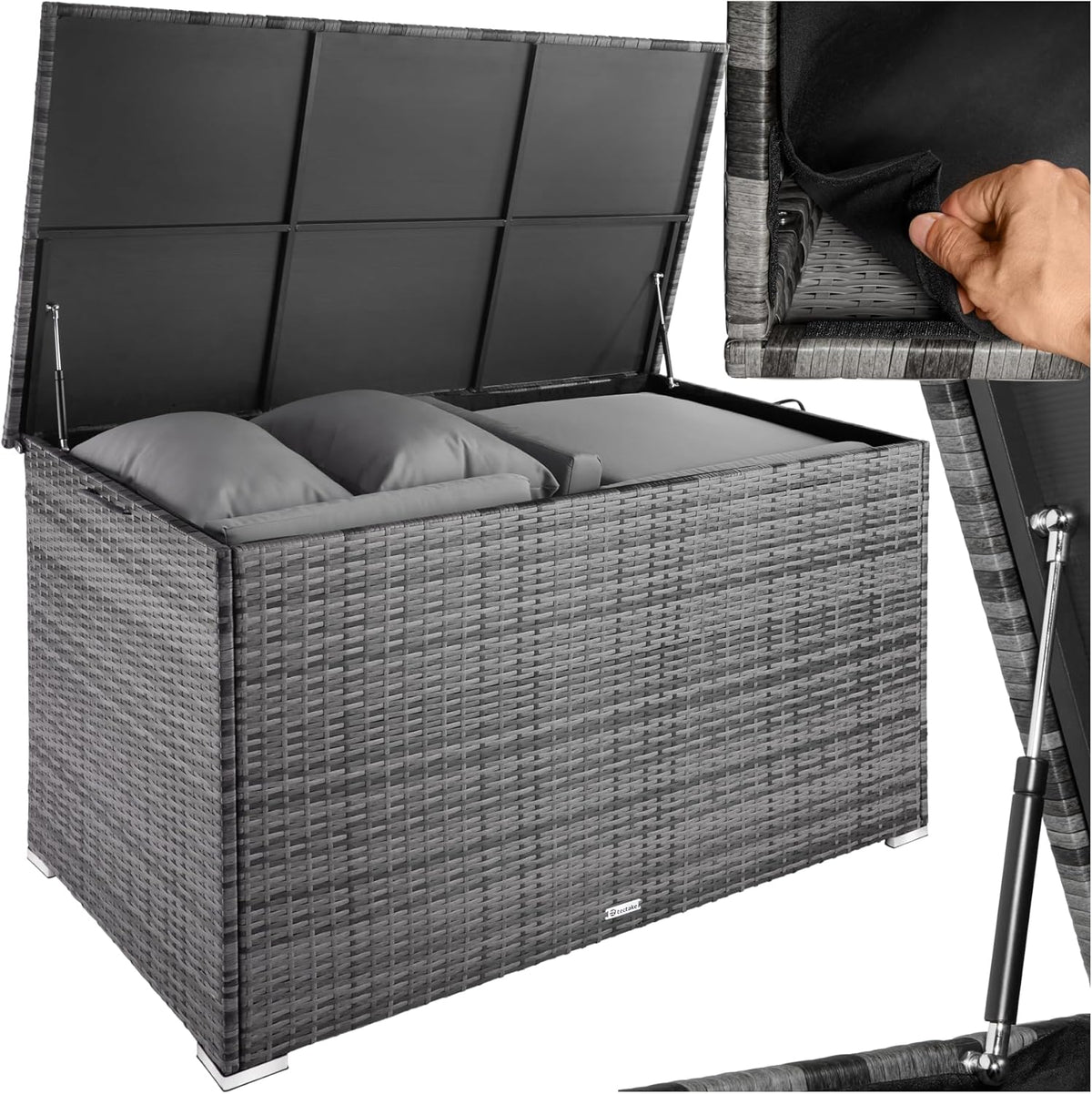 tectake® Aluminium Polyrattan Aufbewahrungsbox mit Deckel, 750L, Gartenkiste wetterfest, Gartenbox mit Gasdruckfedern, Garten Auflagenbox, UV-beständig, rostfrei, Stauraum, 145x82,5x79,5 cm - grau