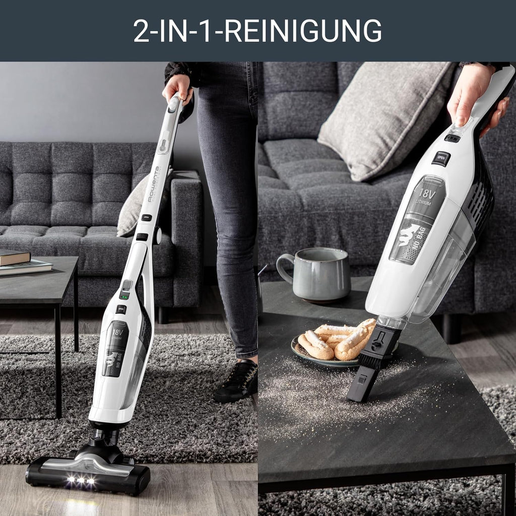 Rowenta RH6737 Dual Force 2-in-1 kabelloser Akku-Stabstaubsauger, integrierter Handstaubsauger, klappbarer Griff, sehr leicht – nur 2,5 kg, LED-Beleuchtung, Weiß, 45 min