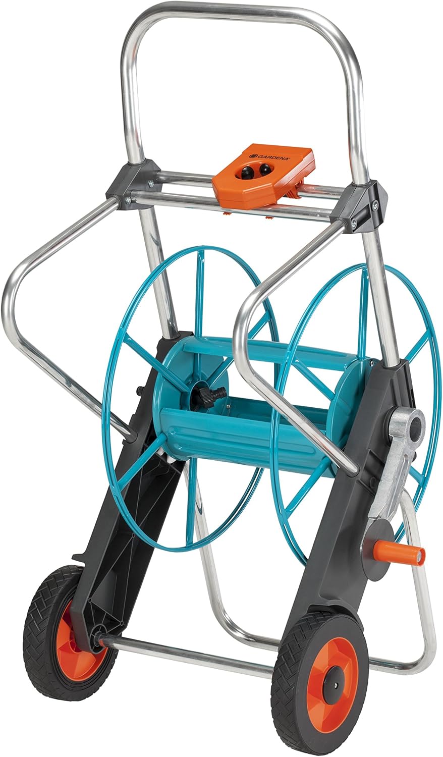 Gardena Metall Schlauchwagen 100: Stabile, beschichtete Schlauchtrommel, abgewinkelter Schlauchanschluss, Nachtropfstopp, Max. 100 m 1/2 Zoll, 80 m 5/8 Zoll, 50 m 3/4 Zoll, 25 m 1 Zoll (2674-20)