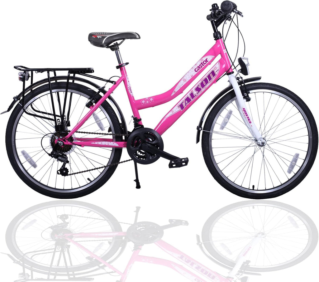 24 Zoll Mädchenfahrrad 21-Gang Shimano Schaltung mit Beleuchtung nach STVO Rosa Doppelrahmen
