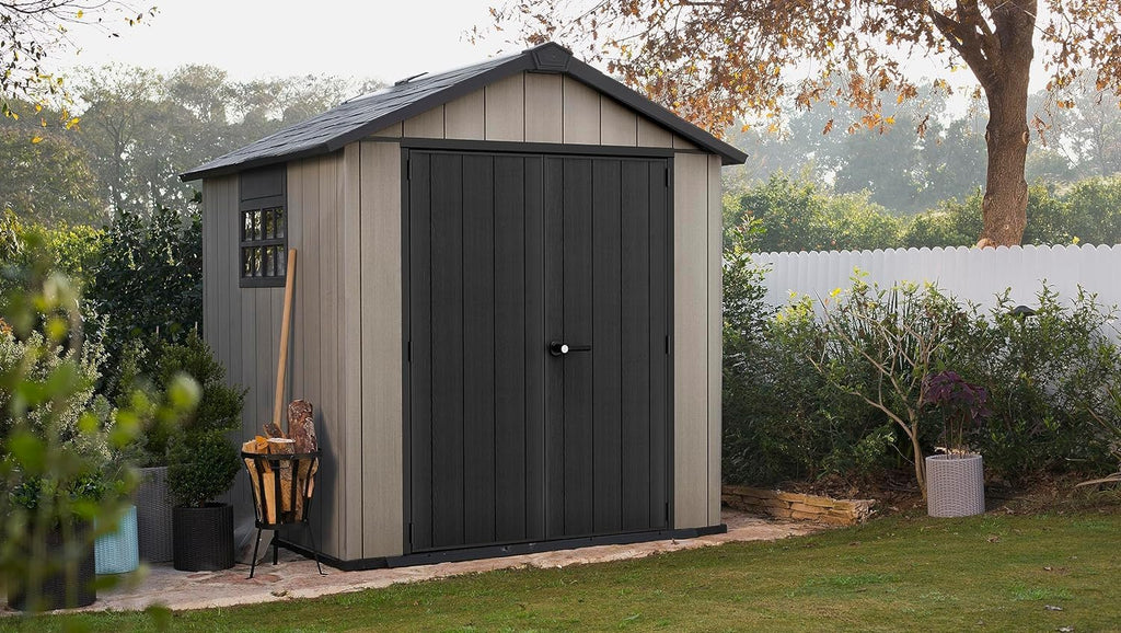 Keter Gerätehaus Oakland 757, Grau, 8,4m³, Außenmaße B/T/H: 230 x 223,8 x 242 cm, Duotech Struktur, wetterfest, Doppeltür, Oberlicht und Fenster, strapazierfähiger Schwerlastboden