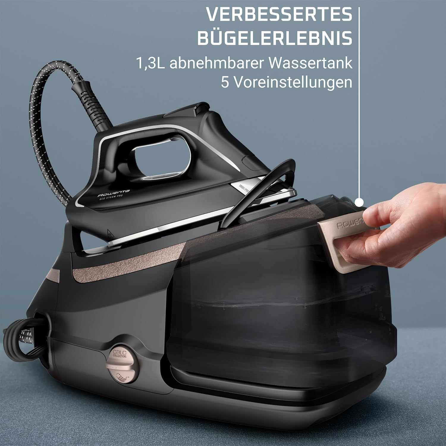Rowenta Eco Steam Pro Dampfbügelstation, 2800 Watt, 8 bar Dampfdruck, 580 g/Min. Dampfstoß, 150 g/Min. kontinuierliche Dampfabgabe, Eco-Modus, 5 Einstellungen, 1,3l Wassertank, schwarz/beige, DG9640F0