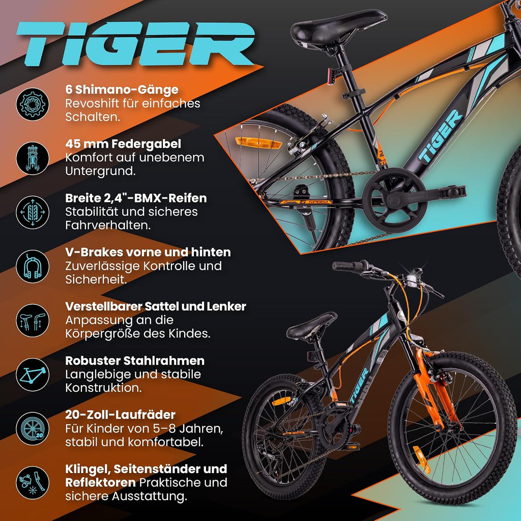 sun baby Tiger Bike Jungenfahrrad 20 Zoll, 6-Gang Shimano