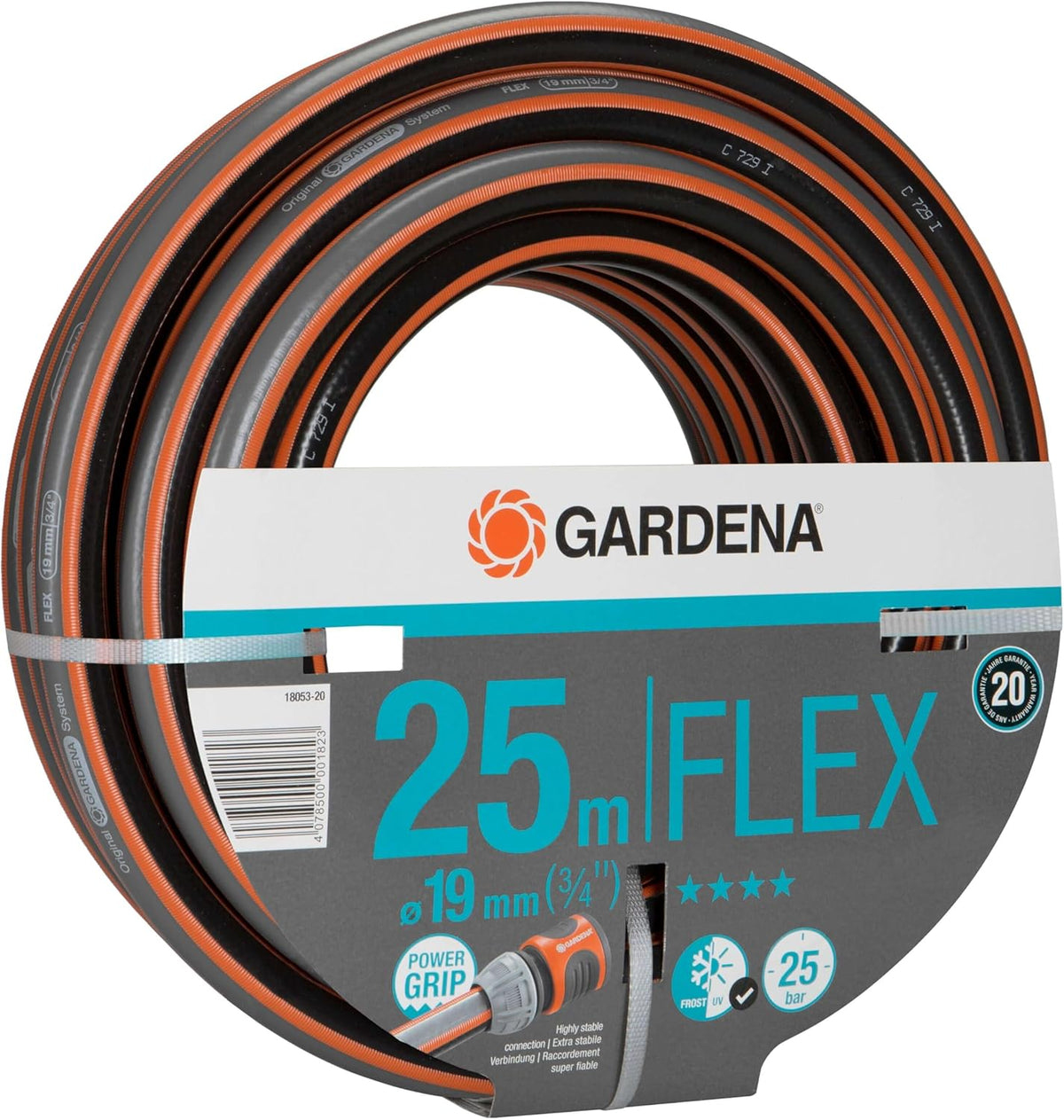 Gardena Comfort FLEX Schlauch 19 mm (3/4 Zoll), 25 m: Formstabiler, flexibler Gartenschlauch mit Power-Grip-Profil, aus hochwertigem Spiralgewebe, 25 bar Berstdruck, ohne Systemteile (18053-20)