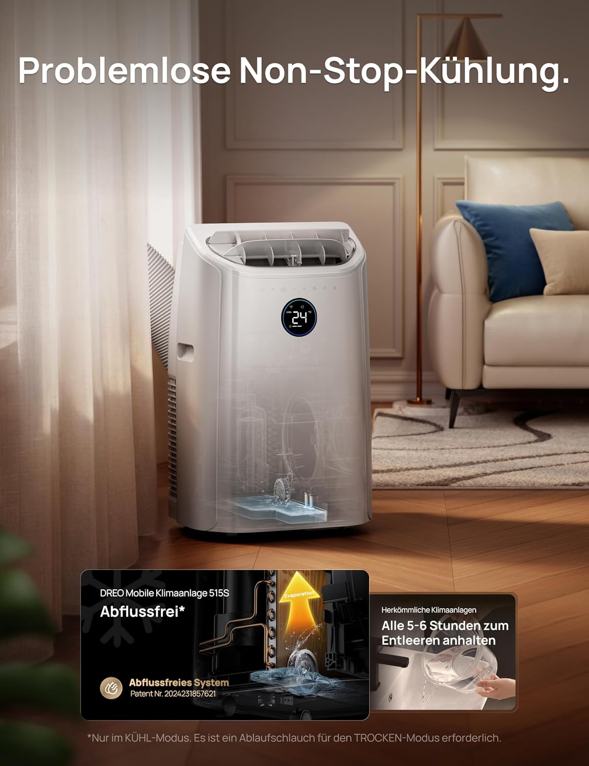 DREO Klimaanlage Mobil, 10.000 BTU Tragbares Klimagerät für Schlafzimmer, 3-in-1 Kühlen/Ventilieren/Entfeuchten, drainagefreie Kühlung, App-/Sprachsteuerung/Fernbedienung, 24h-Timer, AC515S