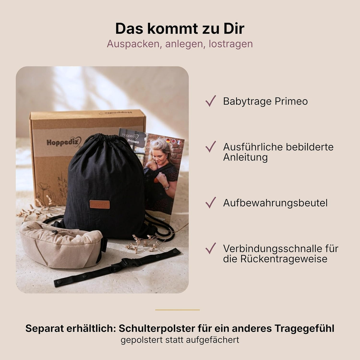 Hoppediz Primeo Babytrage ab Geburt für Neugeborene, Djerba