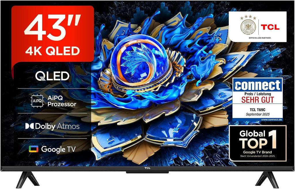 TCL 43T69C 43 Zoll QLED, Direct LED TV, 4K HDR TV, Smart Google TV (Dolby Vision & Atmos, Game Master, Motion Clarity, Kompatibel mit Google Assistant & Alexa)