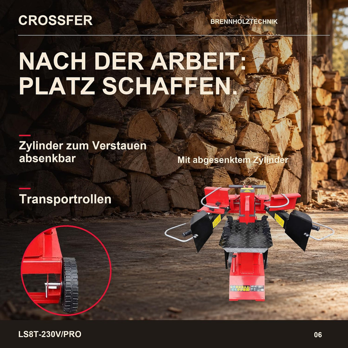 CROSSFER Hydraulikspalter LS8T-230V/PRO / 8 Tonnen Spaltkraft / 230V Motor 3 kW/Auto-Rücklauf mit stufenlosem Rücklaufstopp / 55 cm Spaltlänge/Spaltgut Ø max. 30 cm / 2 Holzablagetische
