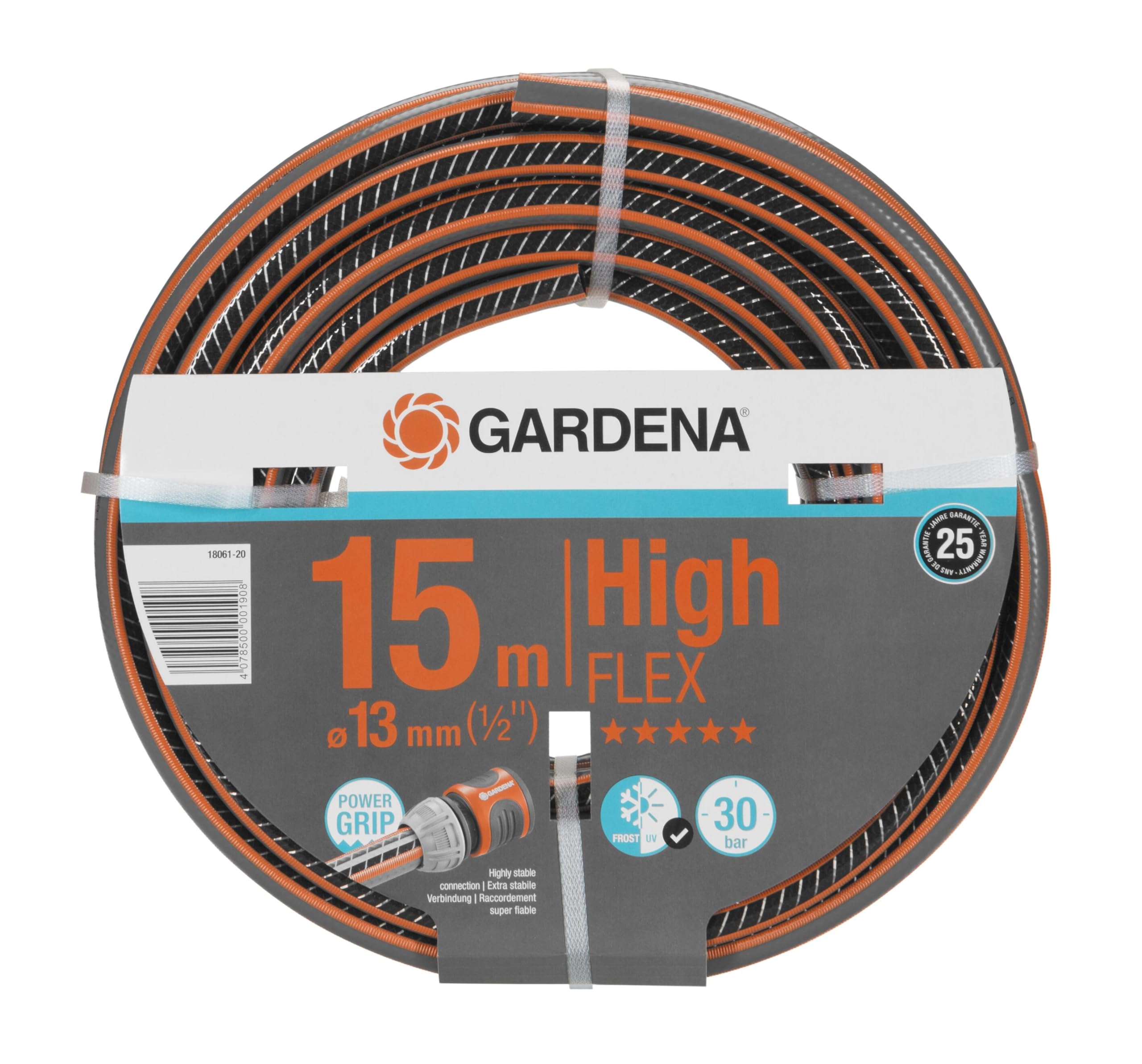 Gardena Comfort HighFLEX Schlauch 13 mm (1/2 Zoll), 30 m: Gartenschlauch mit Power-Grip-Profil, 30 bar Berstdruck, formstabil, UV-beständig (18066-20), grau, orange