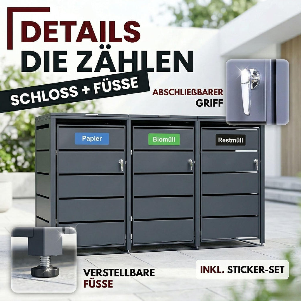 ALBATROS Mülltonnenbox 3er | Metall RAL7016, 120-240L, abschließbar