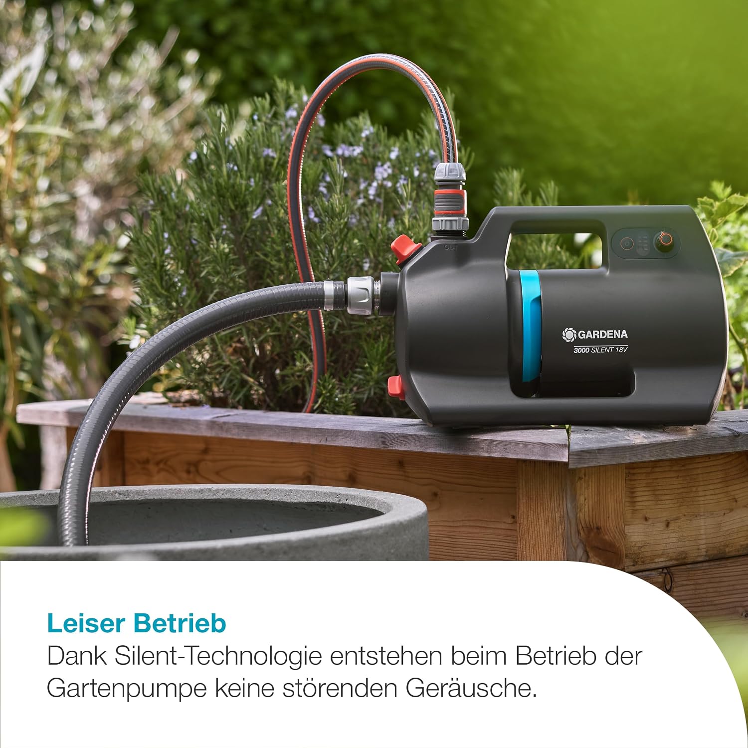 Gardena Akku-Gartenpumpe 3000 Silent 18V P4A Ready-To-Use Set: Leistungsstark, Leiser Betrieb, Regen- und UV-geschütztes Gehäuse, Trockenlaufsicherung, Kabellos (14610-20)