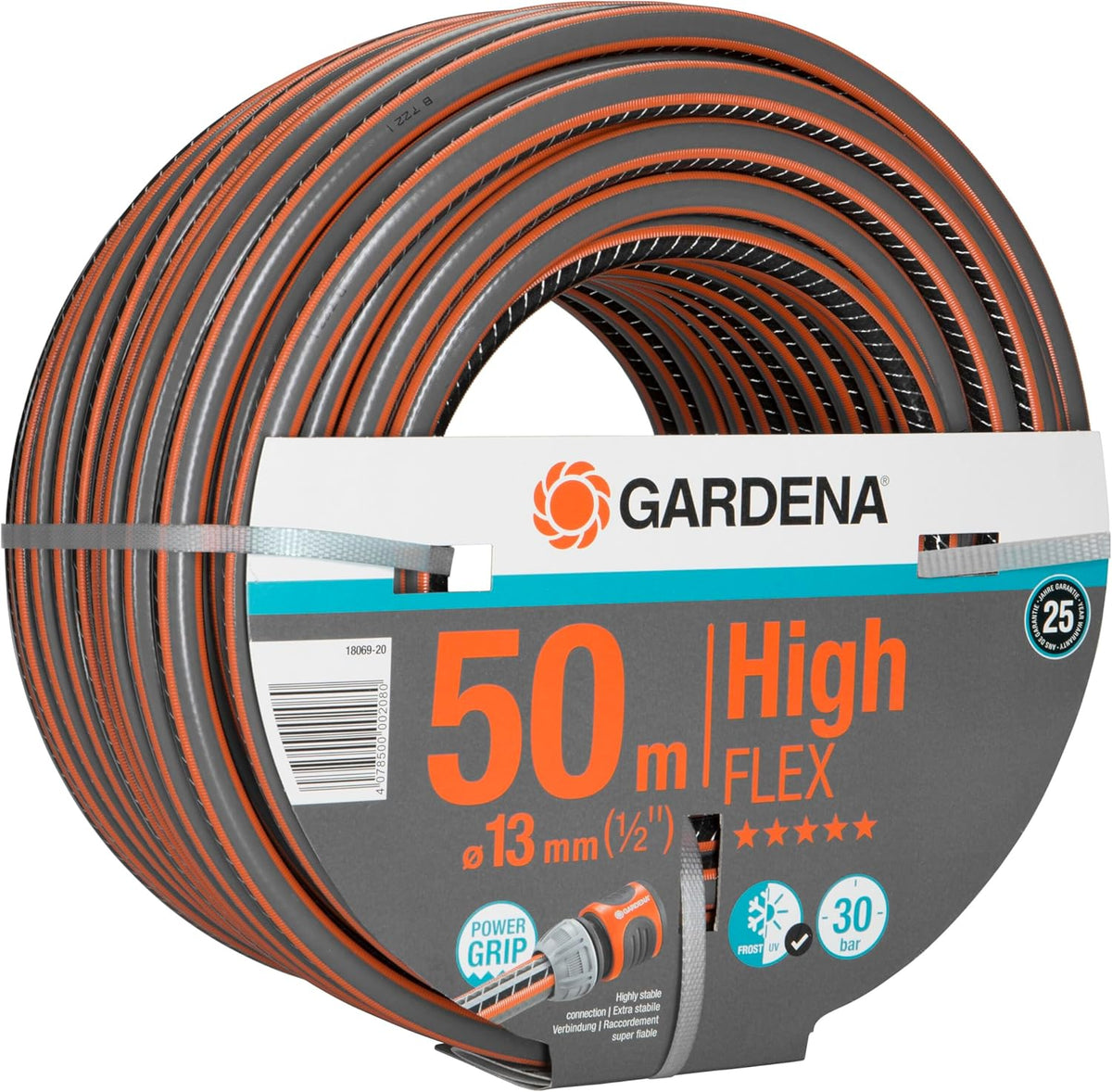Gardena Comfort HighFLEX Schlauch 13 mm (1/2 Zoll), 50 m: Gartenschlauch mit Power-Grip-Profil, 30 bar Berstdruck, formstabil, UV-beständig, verpackt (18069-20), Grau/Orange