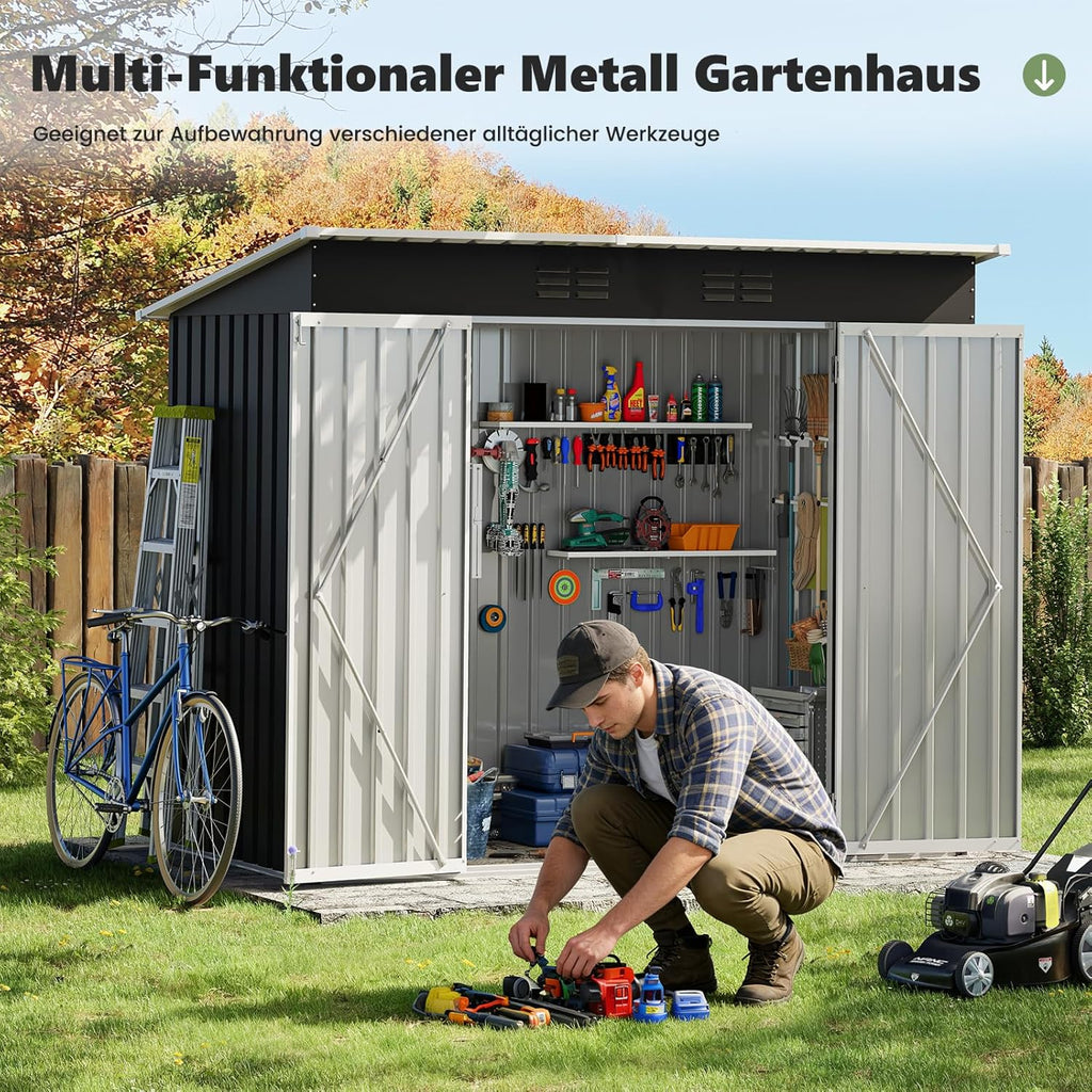 UDPATIO Metall Gartenhaus mit 4 m³ - 228 x 121 x 181 cm für den Außenbereich, Geräteschuppen, Fahrradgarage, Verzinkter Stahl mit Abschließbarer Tür für Hinterhof,Dunkelgrau