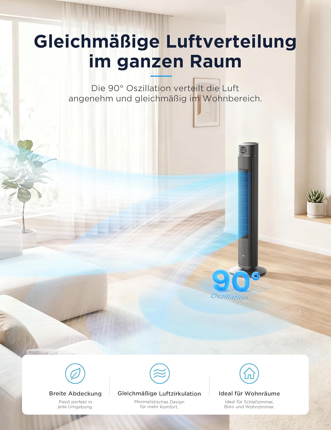 Midea Turmventilator FZ10-26ARDW, 105cm, DC-Motor, App-Steuerung | 19dB Fluesterleise, 4 Modi, 12 Stufen, 24h Timer, Alexa & Google, fuer Schlafzimmer, Wohnzimmer & Buero