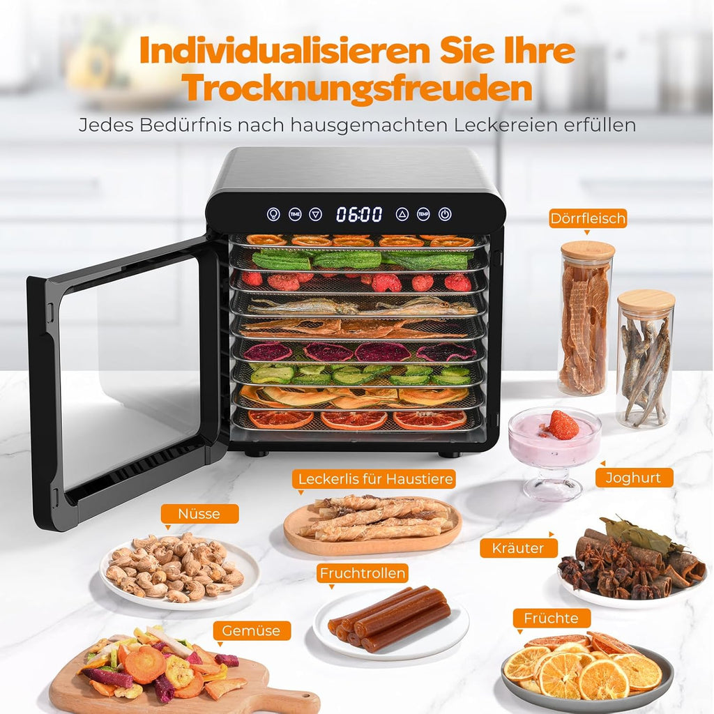 YASHE Stainless Steel Dehydrator with Digital Control (Temperature up to 75°C, Timer up to 48 Hours), 9 Trays Dehydrator for Fruit and Vegetables, Rear Fan for 360° Air Circulation, 800 Wo