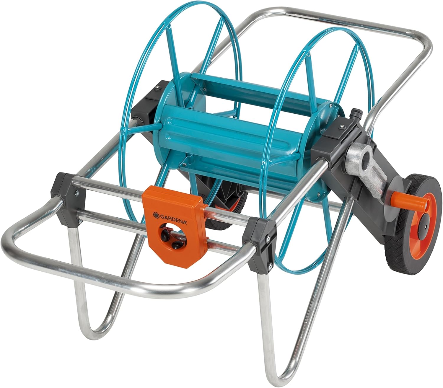 Gardena Metall Schlauchwagen 100: Stabile, beschichtete Schlauchtrommel, abgewinkelter Schlauchanschluss, Nachtropfstopp, Max. 100 m 1/2 Zoll, 80 m 5/8 Zoll, 50 m 3/4 Zoll, 25 m 1 Zoll (2674-20)