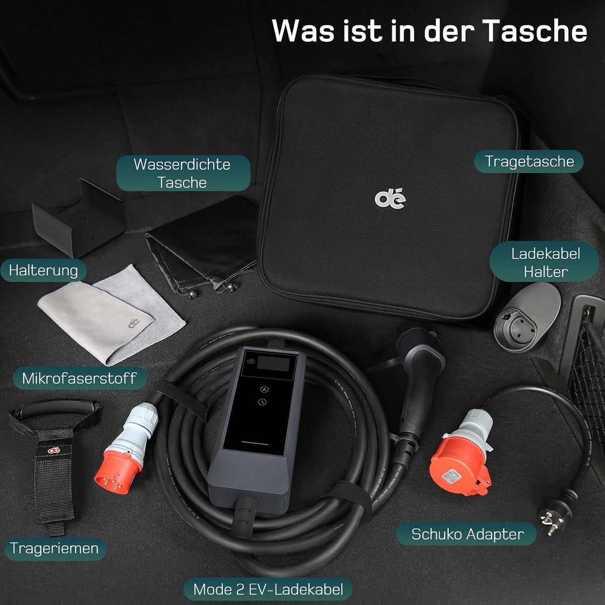 dé Mobile Wallbox 11 kW with App [7 m | 3-Phase | 6-16 A] | Charging cable e car CEE-16A 400V to type 2 with adjustable charging power, EV charger for BEV/PHEV
