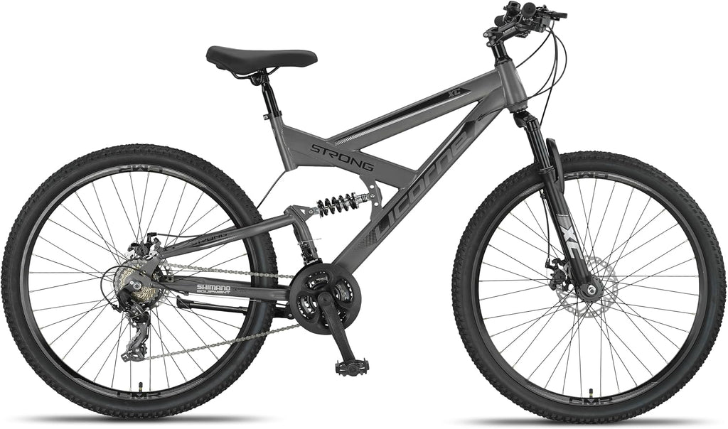 Licorne Bike Strong 2D Premium Mountainbike in 26, 27.5 und 29 Zoll Fahrrad für Jungen Mädchen Damen und Herren Scheibenbremse vorne und hinten 21 Gang Schaltung Vollfederung