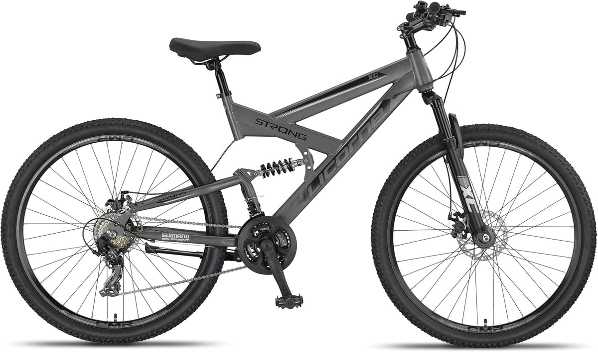 Licorne Bike Strong 2D Premium Mountainbike in 26, 27.5 und 29 Zoll Fahrrad für Jungen Mädchen Damen und Herren Scheibenbremse vorne und hinten 21 Gang Schaltung Vollfederung