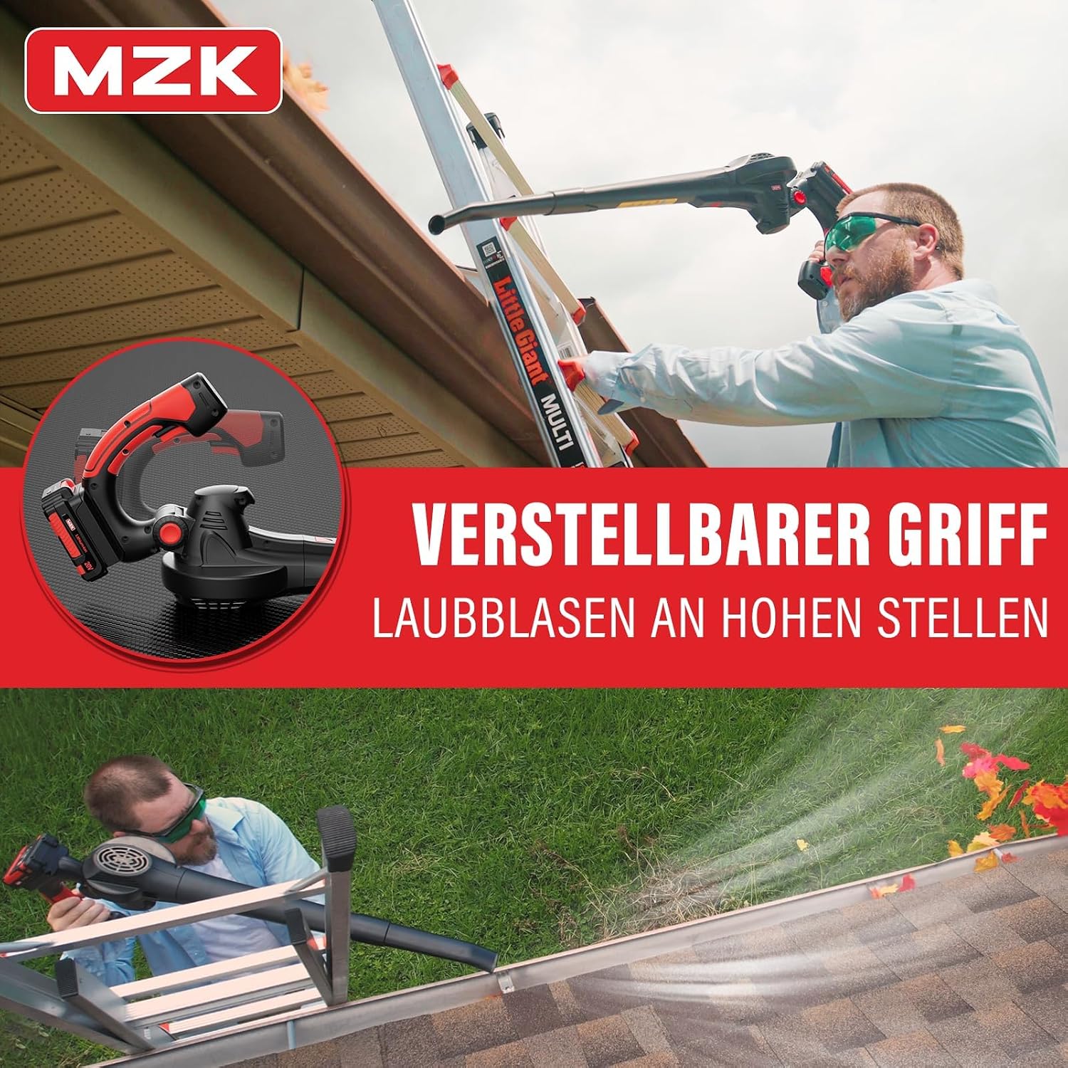 MZK 20 V Leaf Blower Wireless & Ultra Light with 2 x 4.0Ah Batteries and Charger, 210 km/h & 770 m³/h, Red, for Garden, Patio and Yard
