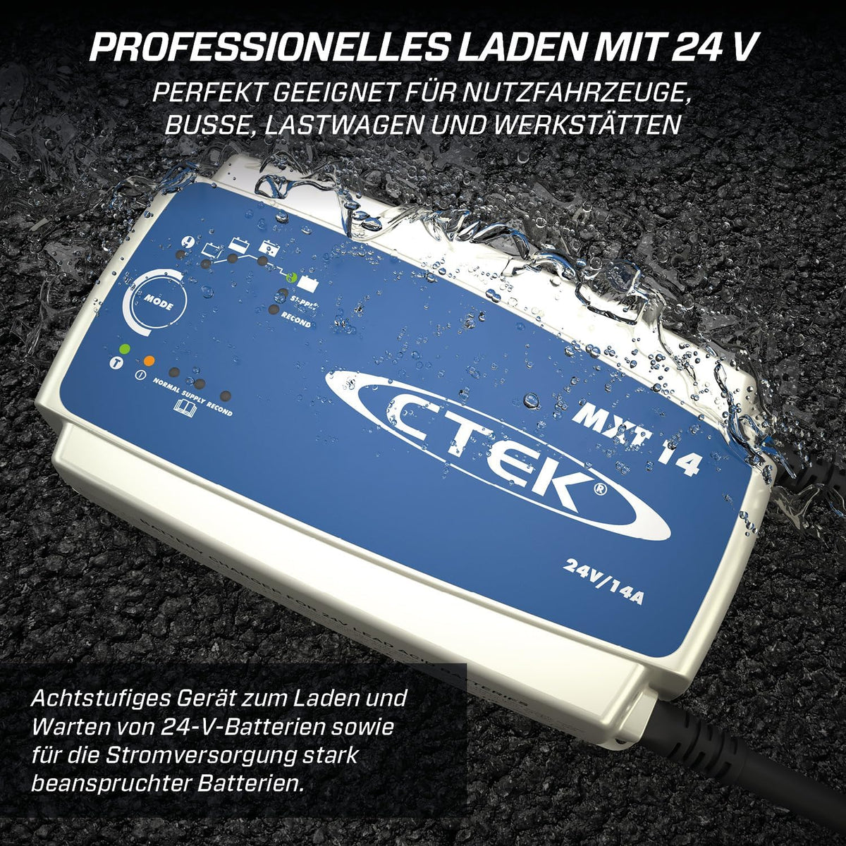 CTEK MXT 14 Professionelles Batterieladegerät 24V und Stromversorgung, Ladegerät für Nutzfahrzeuge, Busse, Werkstätten und LKWs, Rekonditionierung und AGM-Modus mit integriertem Temperatursensor