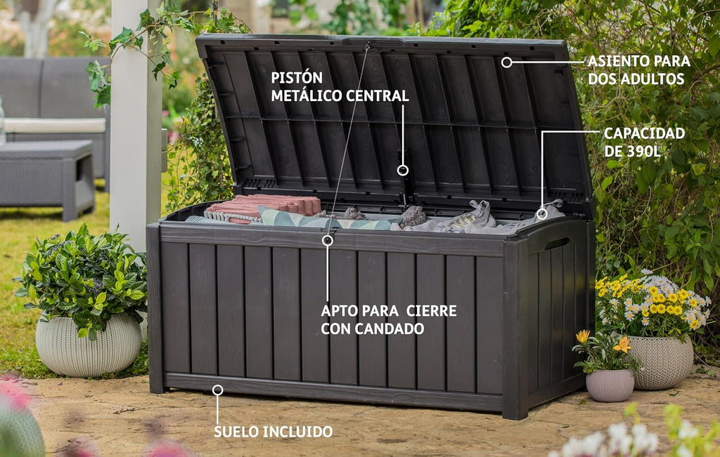 Keter Glenwood Kissenbox, Auflagenbox, 390 Liter Volumen, Wasserdicht, Braun, Holzoptik, Sitzbank für 2 Erwachsene,128x65x61cm, Allzwecktruhe