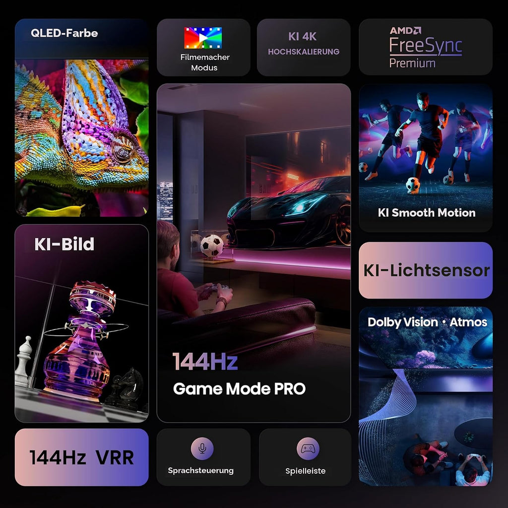 Hisense 55E7Q PRO Fernseher 139cm (55 Zoll) 4K UHD QLED, Smart TV,144Hz Game Mode PRO,Filmaker Mode, AMD FreeSync Premium,AI HDR Upscaler,Dolby Vision IQ,Dolby Atmos,Sprachsteuerung[2025]