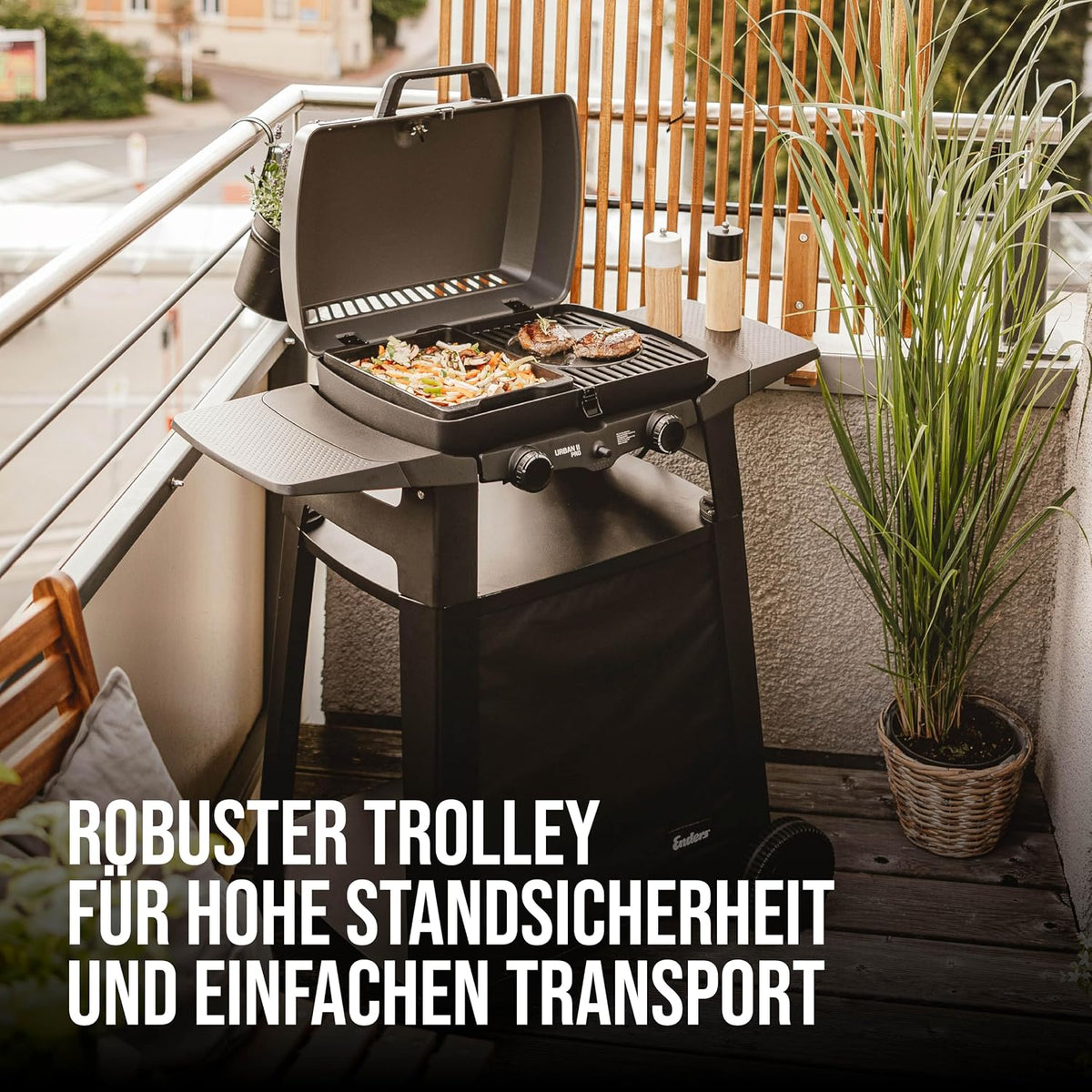 Enders Urban Pro II Trolley, Tischgrill mit Trolley, Grillen-, Kochen-und Backen Funktion, 2 Brenner Edelstahl, mit Grill-Thermometer, Balkon-, Camping-Grill, Aluguss-Gehäuse, Gusseisen-Rost #206272