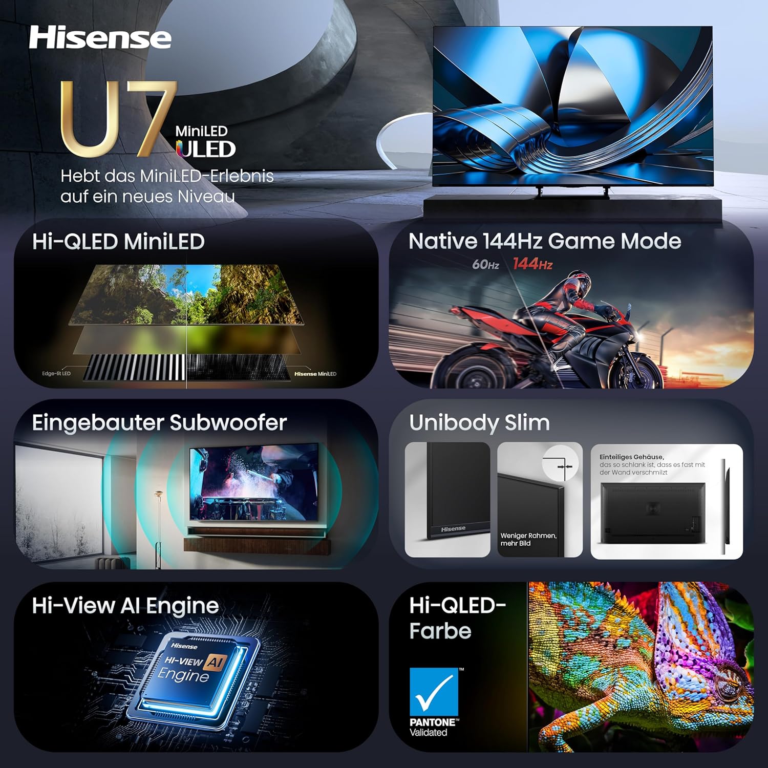 Hisense 55U7DSE Fernseher 55 Zoll, 4K UHD, Hi-QLED Mini LED, Smart TV, 144Hz, Hi-View AI Engine, IMAX Enhanced, AI Lichtsensor, Dolby Vision.Atmos, Tuned by DeVialet, FreeSync Premium Pro [2026]