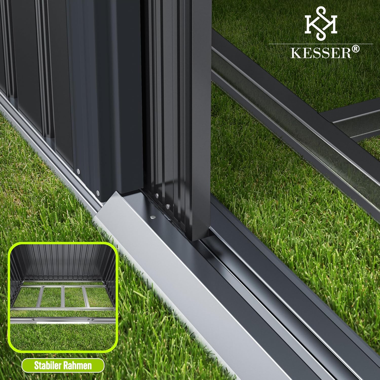 KESSER® XL Metall Gerätehaus 4,2m³ mit Fundament | Inkl. Arbeitshandschuhe | 195x131x186cm | 2X Schiebetür & Fundament | Geräteschuppen | Gartenhaus Schrank | Satteldachdach Garten Schuppen Anthrazit