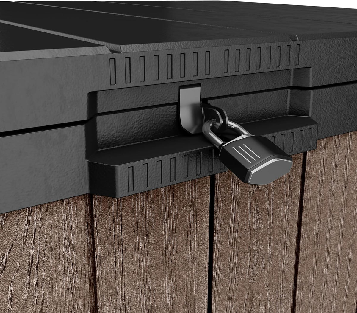 KETER Store-It-Out Darwin Mülltonnenbox, 1150L Gartenbox mit Holz-Look, Aufbewahrungsschrank für 2X 240L Mülltonnen, abschließbar, wetterbeständig, braun, 141x82x120 cm