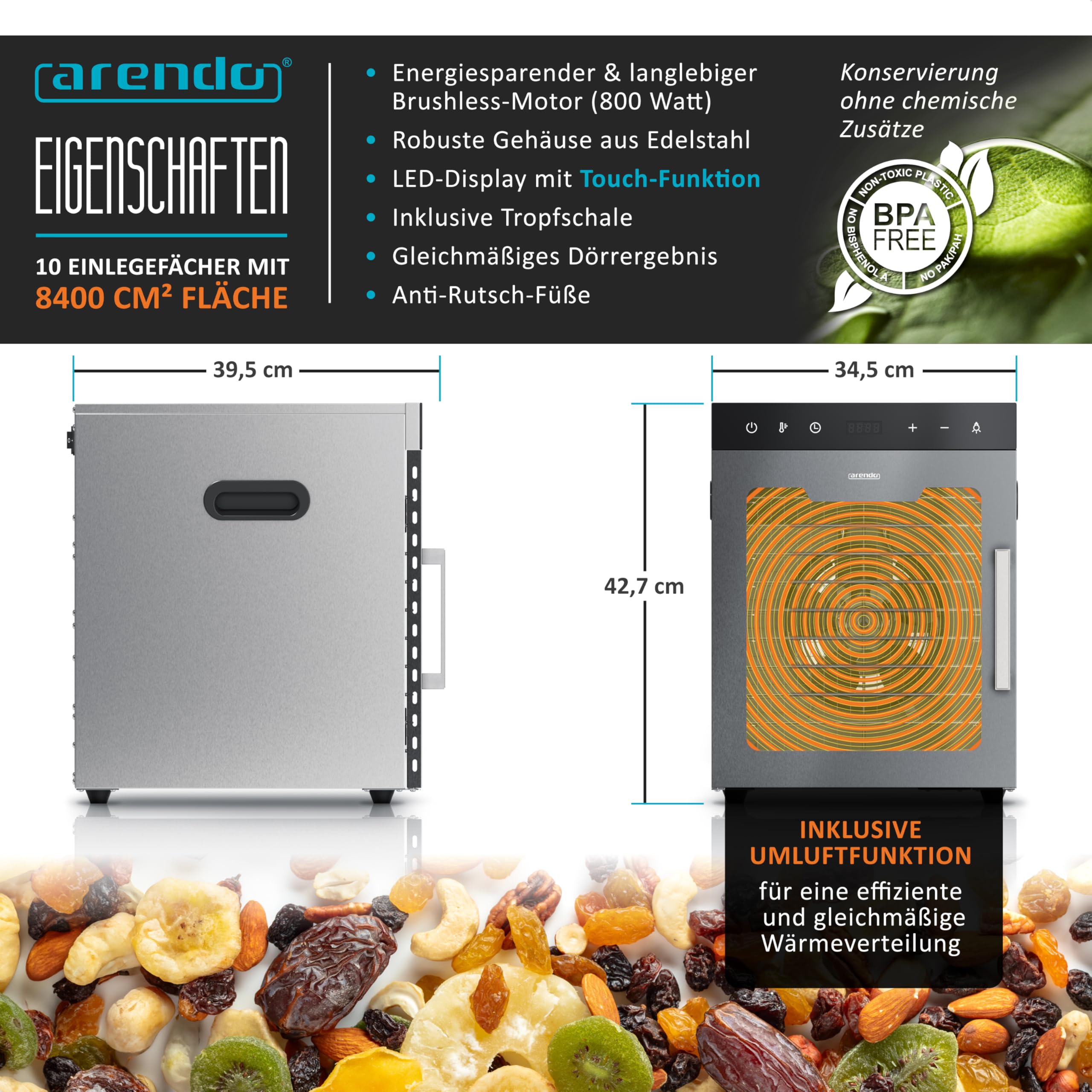 Arendo - Stainless steel dehydrator 8-fold - 500 watts with temperature control - dehydrator for food meat fruits fruit mushrooms - timer up to 24 hours - 8 compartments - GS - dehydratoro