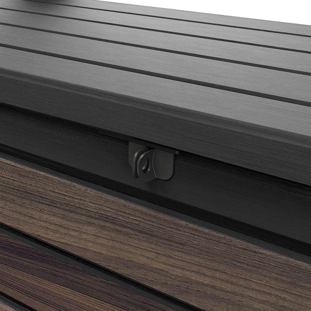 Keter Signature Gartenbank 130x60x85 cm, wetterfeste Aufbewahrungsbank mit 227 Liter Stauraum, Holzdesign Rosewood, 2-Sitzer Sitzgelegenheit, Palisander