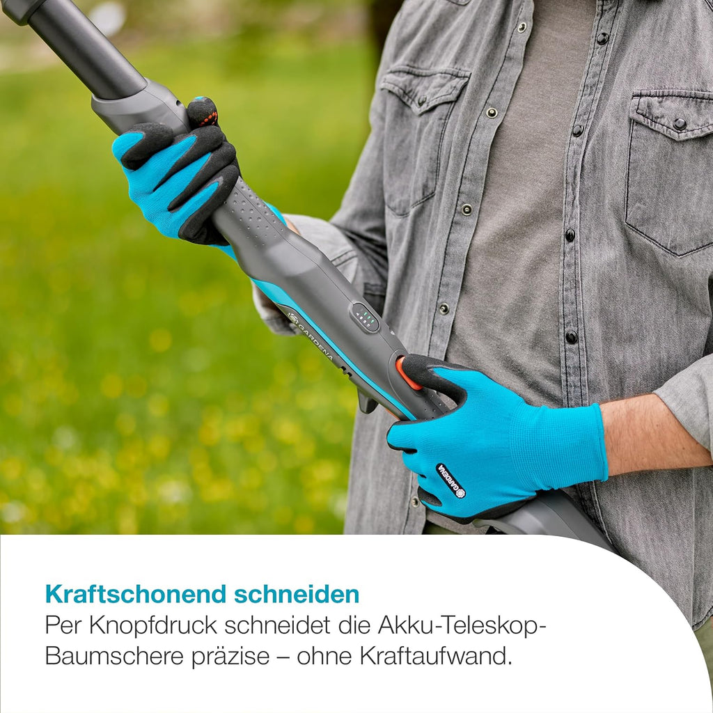 Gardena Akku-Teleskop-Baumschere HighCut 360/18V P4A Ready-to-Use Set: Bis zu 5 m Reichweite, Schwenkbarer Schneidkopf, Ergonomisch, LED-Anzeige, Kabellos (14776-20)