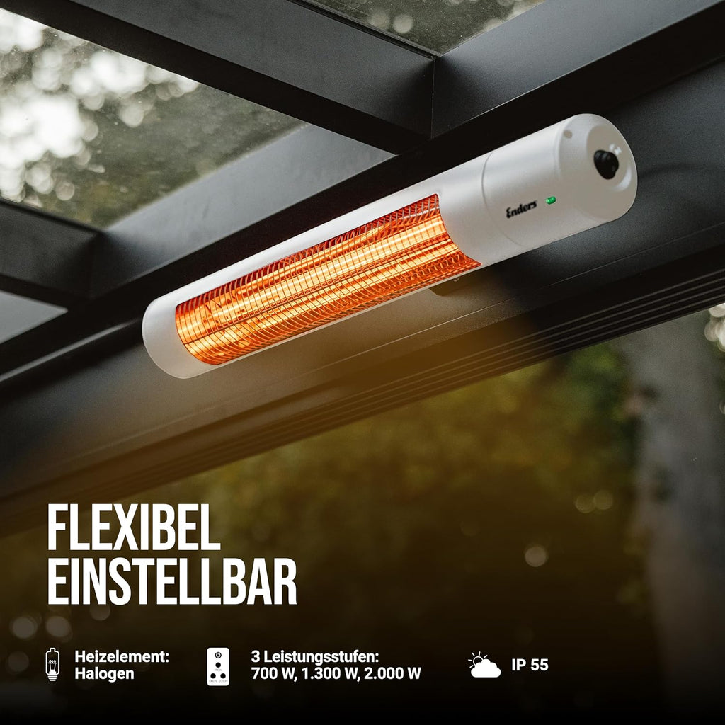 Enders Wandheizstrahler Oxeo White, Elektrostrahler, Heizpilz, Halogenstrahler, Infrarot-Strahlungswärme, 3 Leistungseinstellungen bis 2.000 W, Fernbedienung und Wandhalterung, Neigungswinkel #49286