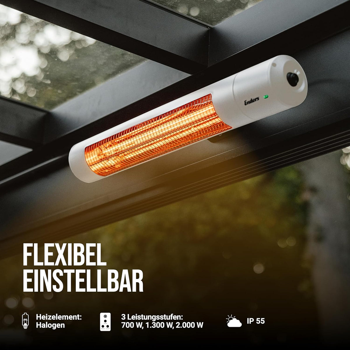 Enders Wandheizstrahler Oxeo White, Elektrostrahler, Heizpilz, Halogenstrahler, Infrarot-Strahlungswärme, 3 Leistungseinstellungen bis 2.000 W, Fernbedienung und Wandhalterung, Neigungswinkel #49286