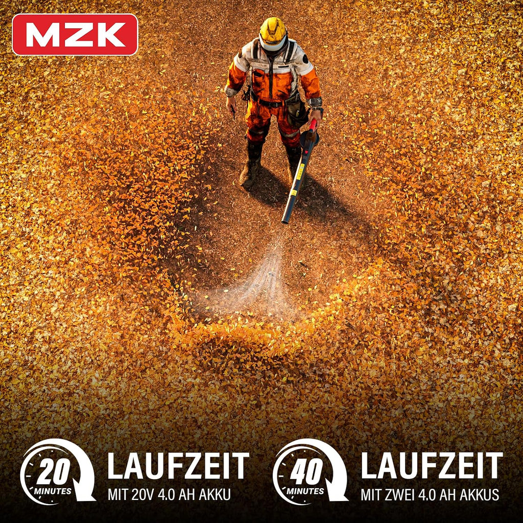 MZK 20 V Leaf Blower Wireless & Ultra Light with 2 x 4.0Ah Batteries and Charger, 210 km/h & 770 m³/h, Red, for Garden, Patio and Yard
